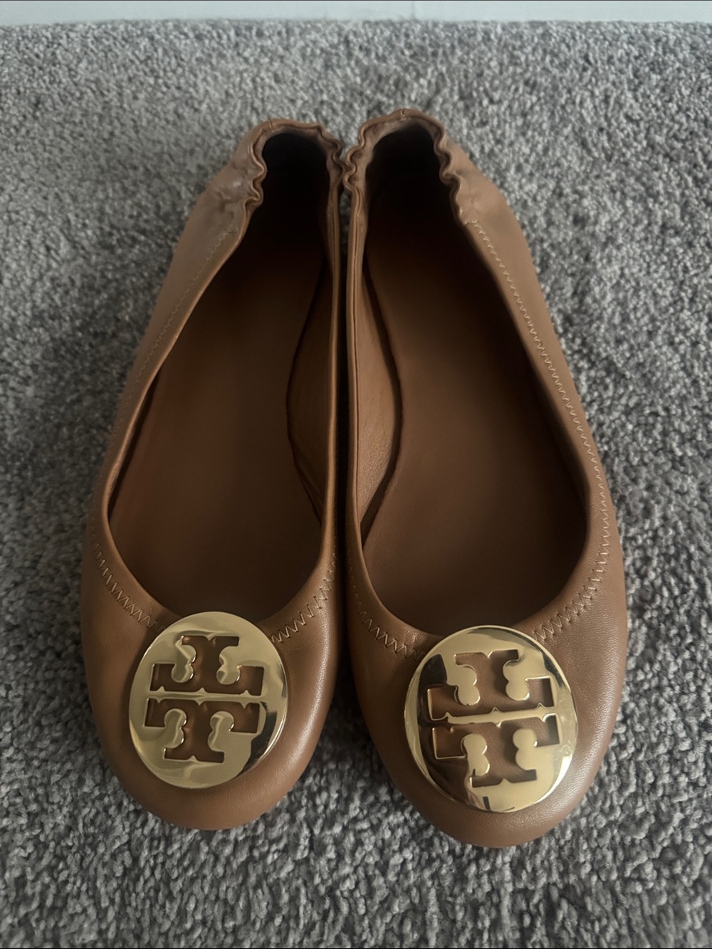 Tory Burch Brown Leather Ballet Flats with Gold Logo Medallion